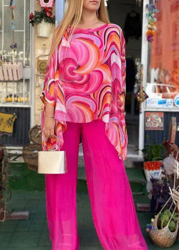 Natural Yellow O-neck Asymmetrical Print Top and Wide Leg Pants Two Pieces Set Fall