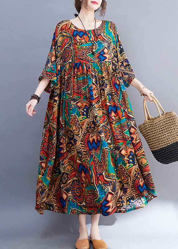 Natural Yellow O-neck Print Wrinkled Long Dress Spring