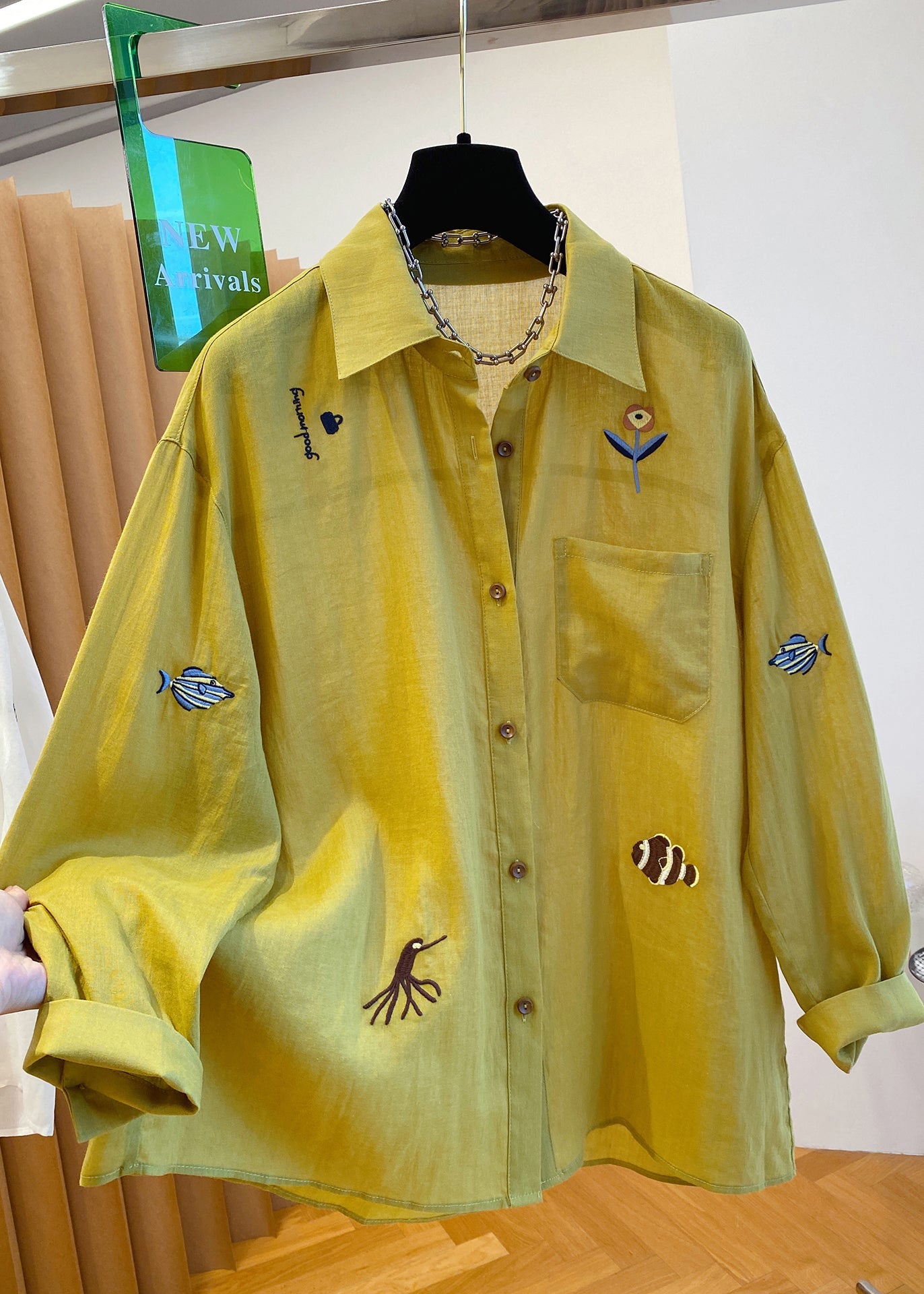 Natural Yellow Peter Pan Collar Print Cotton Shirt Tops Fall
