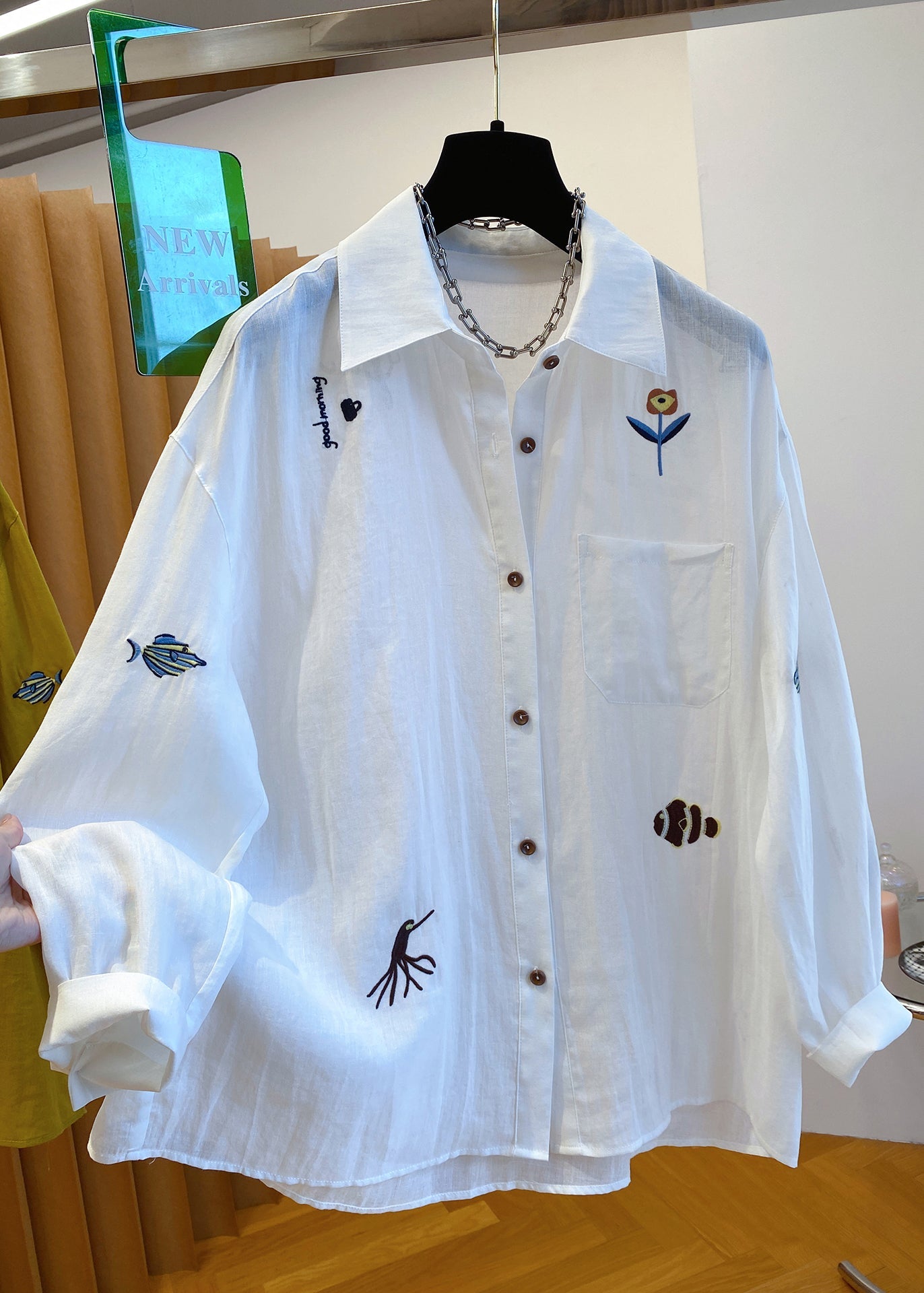 Natural Yellow Peter Pan Collar Print Cotton Shirt Tops Fall