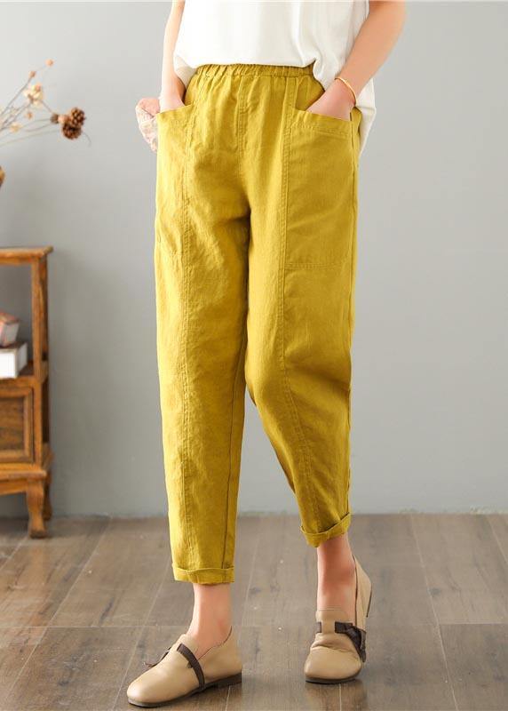 Natural Brown-red Geometry Pockets Cotton Linen Pants Summer