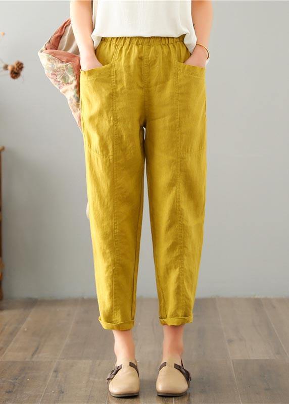 Natural Brown-red Geometry Pockets Cotton Linen Pants Summer