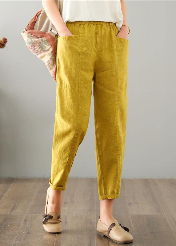 Natural Brown-red Geometry Pockets Cotton Linen Pants Summer