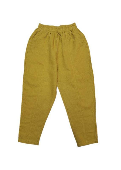 Natural Yellow Pockets Cotton Linen Pants Summer