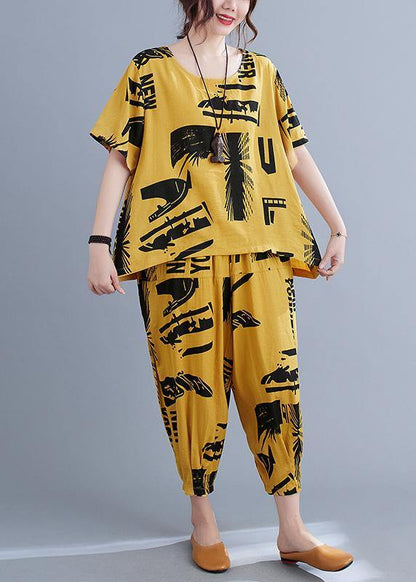 Natural Yellow Print Half Sleeve Summer Two Pieces Set