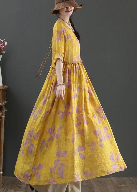 Natural Yellow Print Linen Cinched Summer Dress