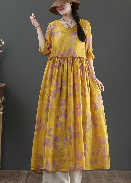 Natural Yellow Print Linen Cinched Summer Dress