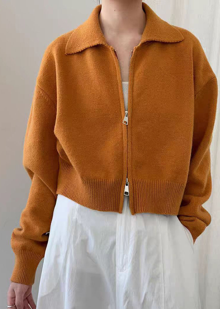 Natural Yellow Zippered Patchwork Cotton Knit Coats Spring