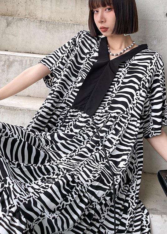 Natural Zebra Pattern V Neck Cotton Asymmetrical Design Summer Maxi Dress