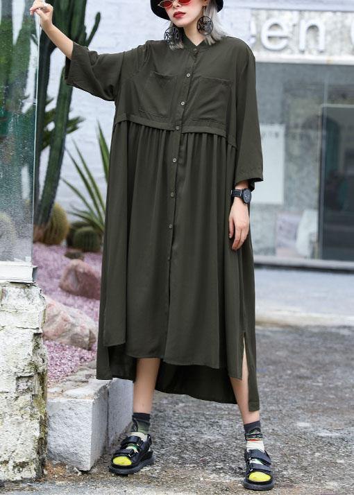 Natural Army Green Chiffon Dresses Side Open Traveling Fall Shirt Dress