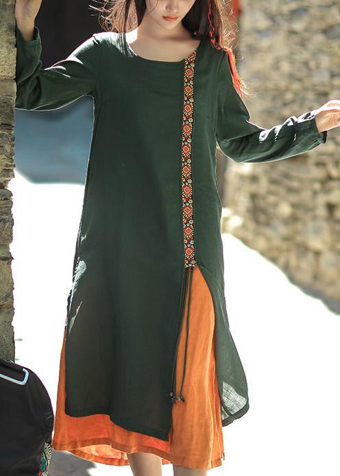 Natural Asymmetric False Two Pieces Linen Quilting Clothes Work Blackish Green Embroidery Dress Summer