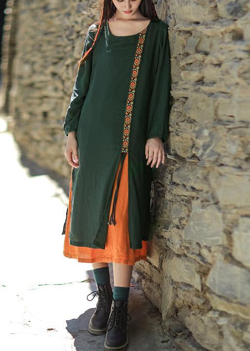 Natural Asymmetric False Two Pieces Linen Quilting Clothes Work Blackish Green Embroidery Dress Summer