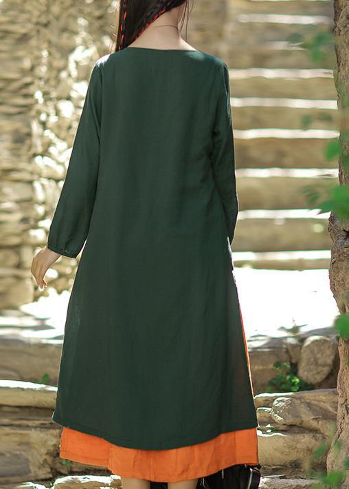 Natural Asymmetric False Two Pieces Linen Quilting Clothes Work Blackish Green Embroidery Dress Summer