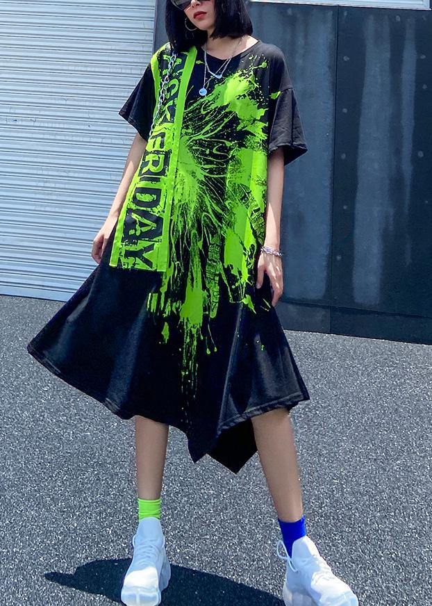 Natural Asymmetric Hem Cotton Printsclothes Inspiration Black Summer Art Dress
