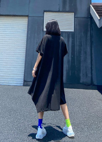 Natural Asymmetric Hem Cotton Printsclothes Inspiration Black Summer Art Dress
