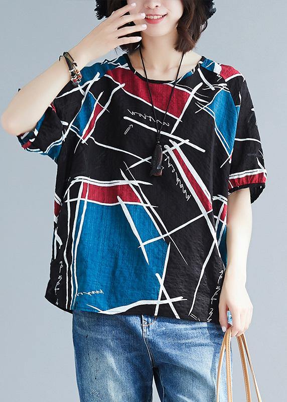 Natural Asymmetric Prints Cotton Tunics for O Neck Oversized Summer Blouse