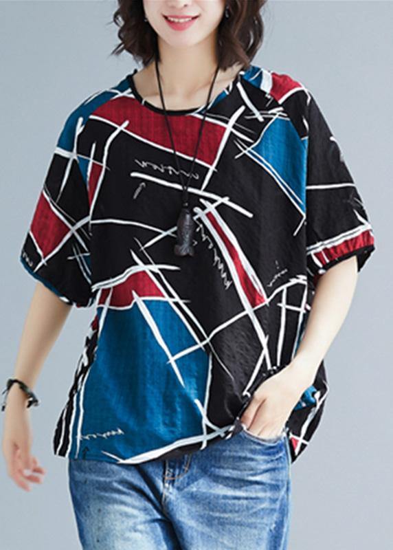 Natural Asymmetric Prints Cotton Tunics for O Neck Oversized Summer Blouse
