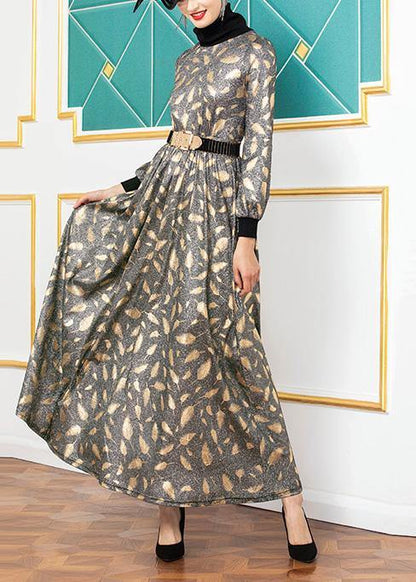 Natural Big Hem Cotton High Neck Clothes Runway Gray Prints Loose Dress