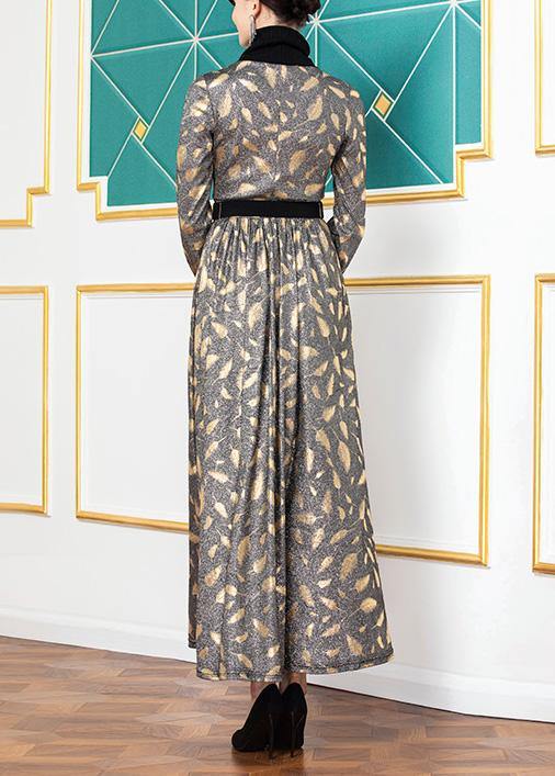 Natural Big Hem Cotton High Neck Clothes Runway Gray Prints Loose Dress
