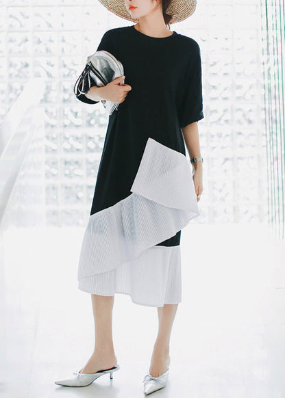 Natural Black Cotton Long Shirts Sweets Photography Patchwork Asymmetric Daily Summer Dress