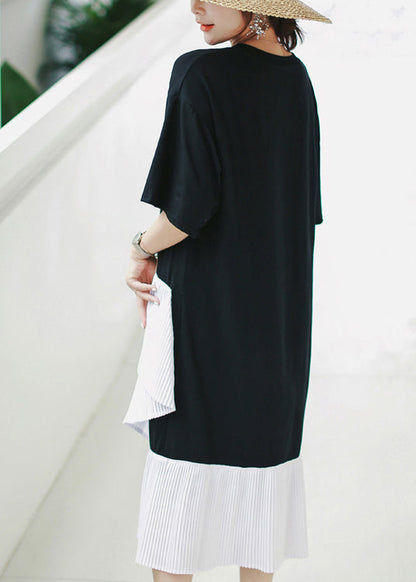 Natural Black Cotton Long Shirts Sweets Photography Patchwork Asymmetric Daily Summer Dress