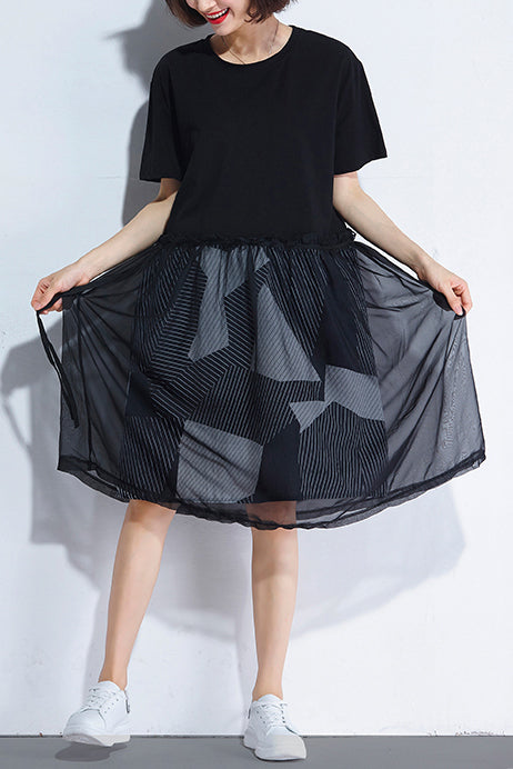 Natural Black Cotton Tunic Korea Design O Neck False Two Pieces Summer Dress