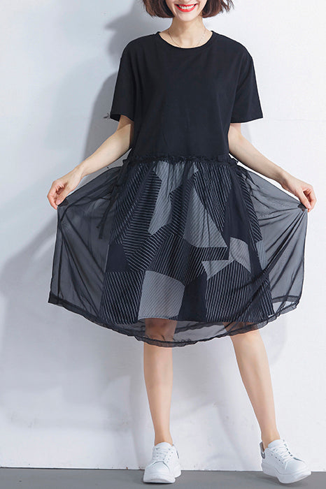 Natural Black Cotton Tunic Korea Design O Neck False Two Pieces Summer Dress