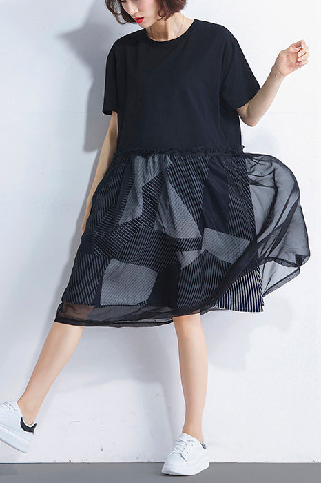 Natural Black Cotton Tunic Korea Design O Neck False Two Pieces Summer Dress