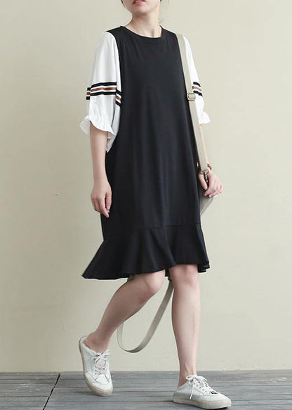 Natural Black Clothes O Neck Ruffles Short Dresses