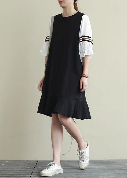 Natural Black Clothes O Neck Ruffles Short Dresses