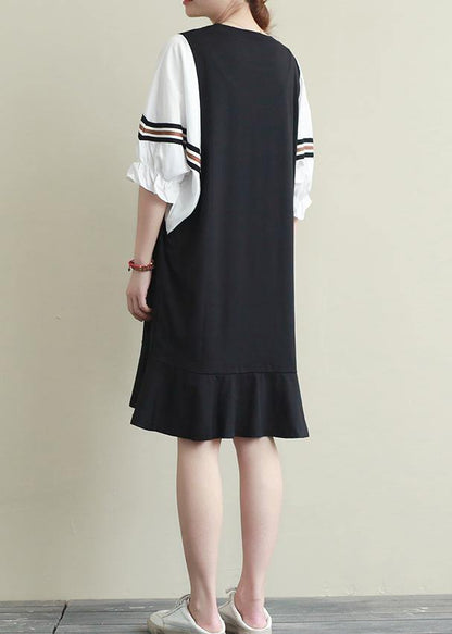 Natural Black Clothes O Neck Ruffles Short Dresses