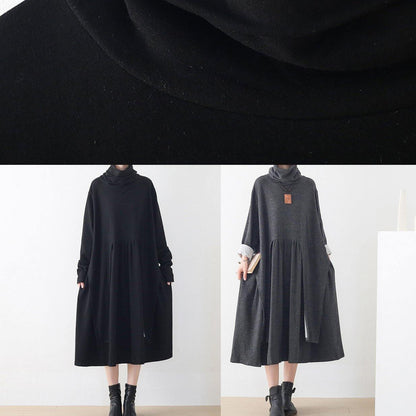 Natural Black Clothes High Neck Asymmetric Robes Dress