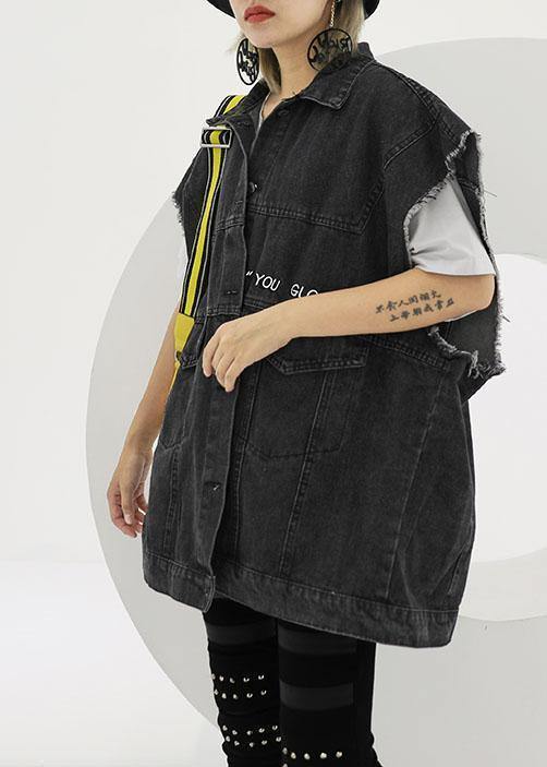 Natural Black Cotton Clothes for Short Sleeve Loose Fall Denim Blouse