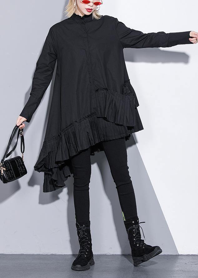 Natural Black Cotton Crane Tops Patchwork Cotton Ruffles Blouses