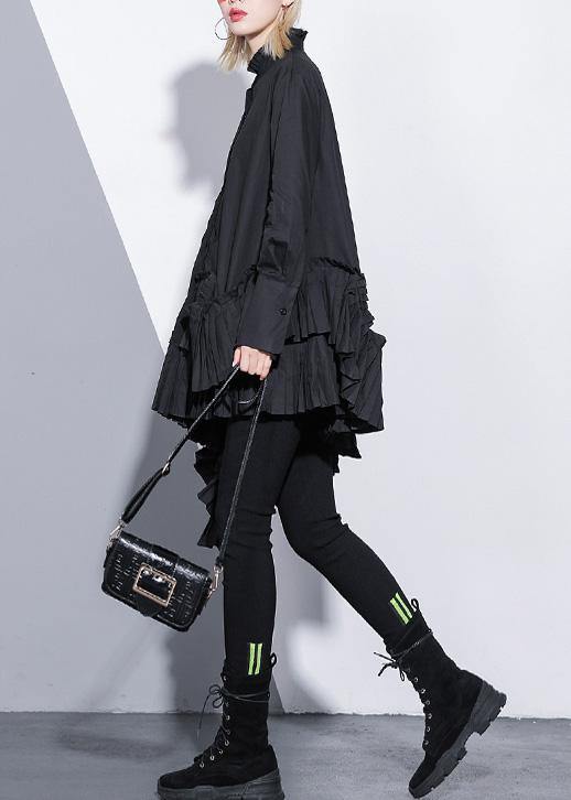 Natural Black Cotton Crane Tops Patchwork Cotton Ruffles Blouses