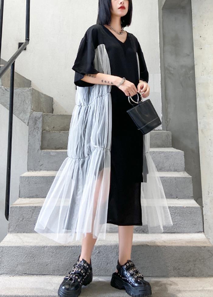 Natural Black Cotton Quilting Clothes O Neck Patchwork Tulle Robe Summer Dresses