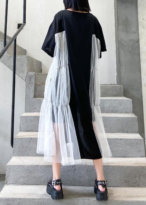 Natural Black Cotton Quilting Clothes O Neck Patchwork Tulle Robe Summer Dresses