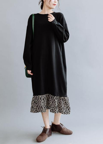 Natural Black Dresses O Neck Asymmetric False Two Pieces Dresses Fall Dress