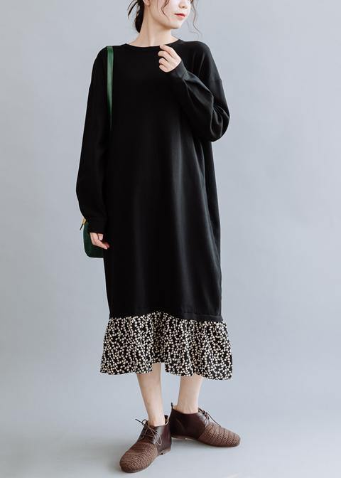 Natural Black Dresses O Neck Asymmetric False Two Pieces Dresses Fall Dress