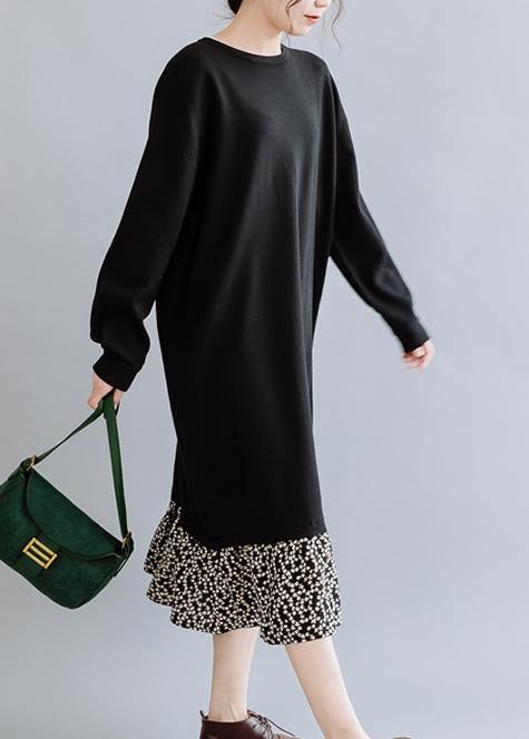 Natural Black Dresses O Neck Asymmetric False Two Pieces Dresses Fall Dress