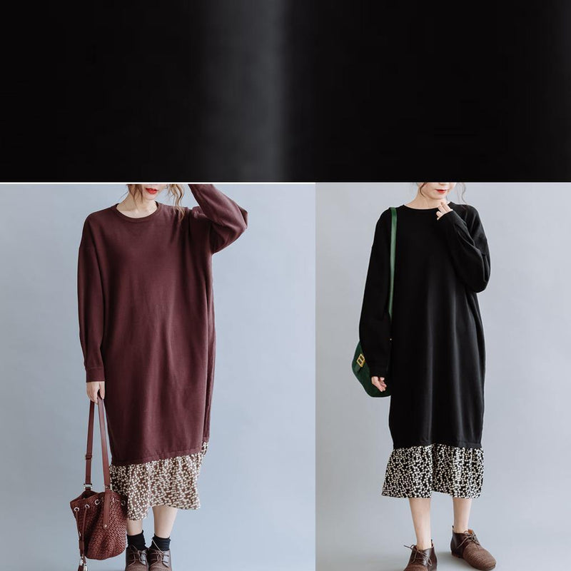 Natural Black Dresses O Neck Asymmetric False Two Pieces Dresses Fall Dress