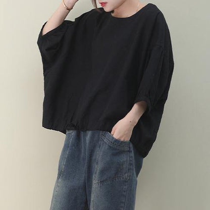 Natural Black Linen Linen Blouses O Neck Lantern Sleeve Oversized Blouse