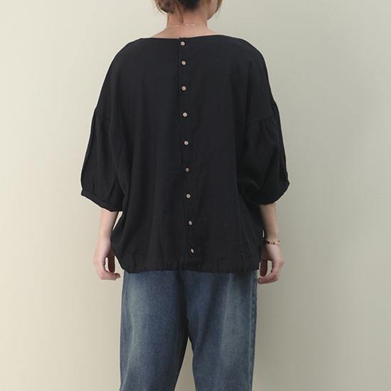 Natural Black Linen Linen Blouses O Neck Lantern Sleeve Oversized Blouse
