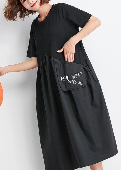 Natural Black Patchwork Cotton Clothes Big Pockets Oversized Summer Dress