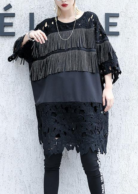 Natural Black Patchwork Cotton Dresses Tassel a Line Summer Dresses