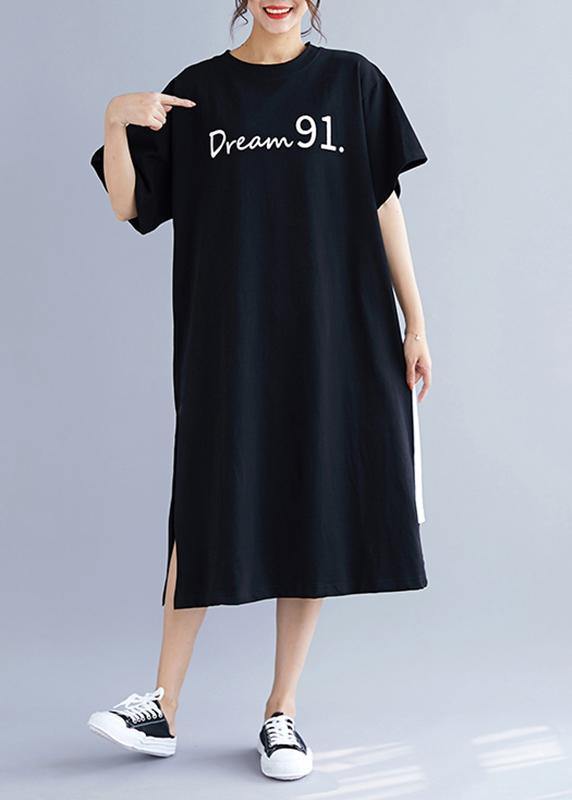 Natural Black Patchwork Cotton Quilting Clothes Side Open Long Summer Dress