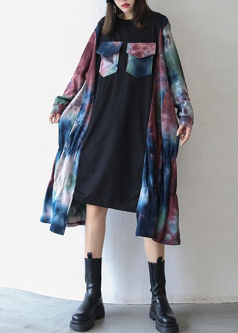 Natural Black Patchwork Print Dresses O Neck Asymmetric Traveling Fall Dress