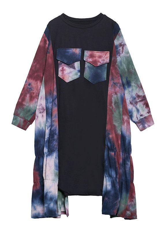 Natural Black Patchwork Print Dresses O Neck Asymmetric Traveling Fall Dress