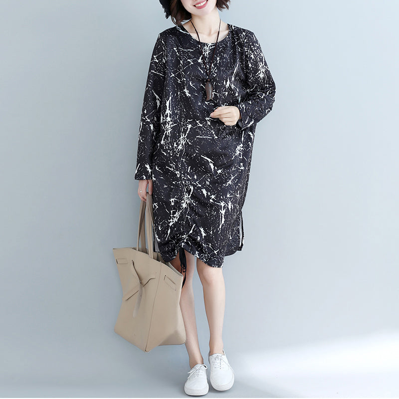 Natural Black Print Cotton Dress Shape Side Open Baggy Dress