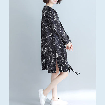 Natural Black Print Cotton Dress Shape Side Open Baggy Dress